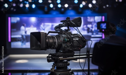 video camera on a studio background for filming news  interviews  shows