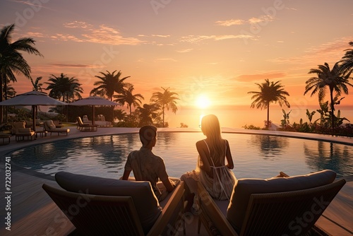 couple sitting at pool with sunbathing sunset sunrising