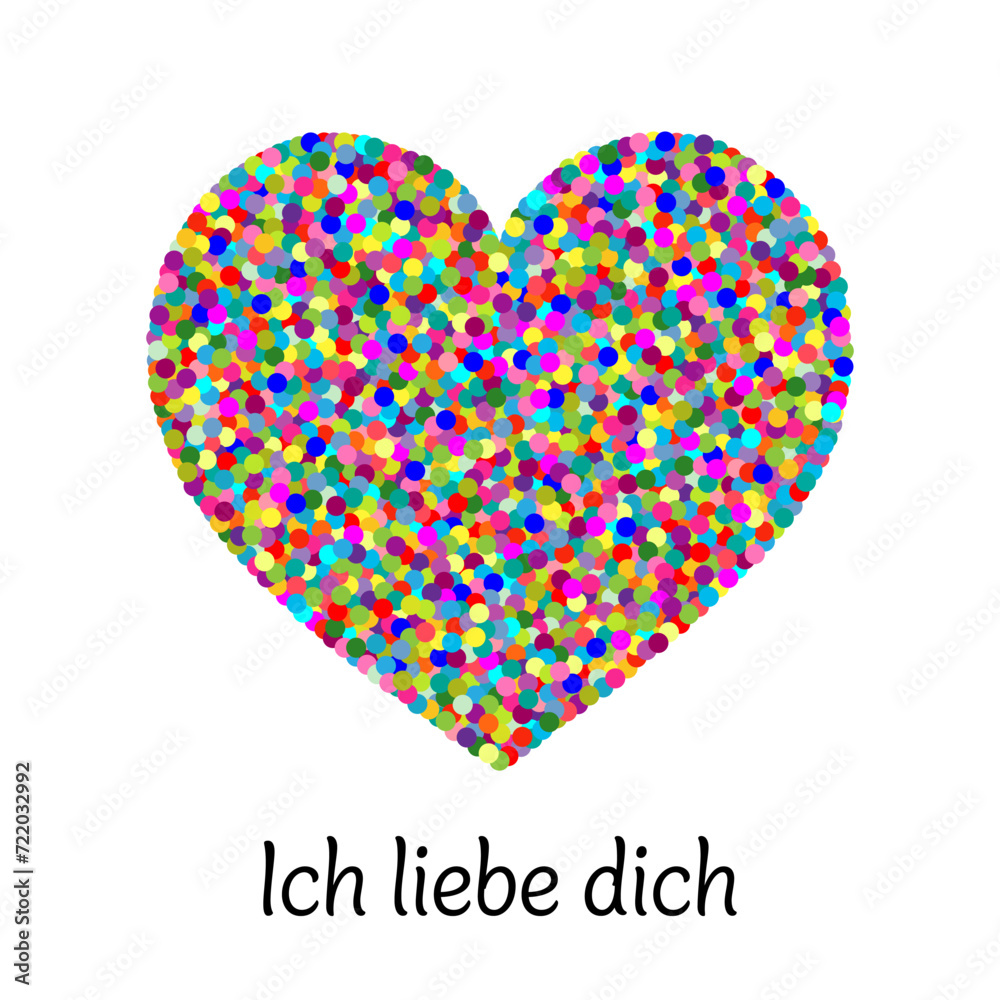 Ich liebe dich - Schriftzug in deutscher Sprache. Liebesbotschaft mit einem Herz aus bunten Konfetti.