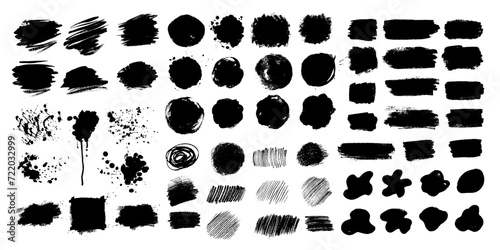 Collection bundle of grunge vector hand drawn elements, banners and paint splashes, figures and hatching paint brush drawing isolated backgrounds