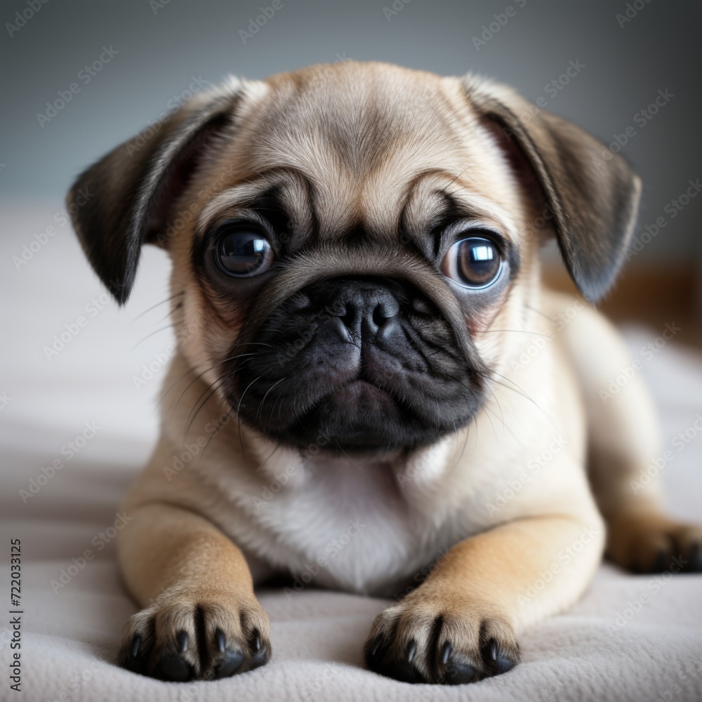 small cute and touching pug puppy on a gray background