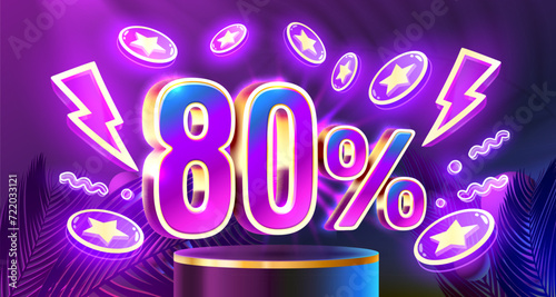 Mega sale special offer, Neon 80 off sale banner. Sign board promotion. Vector illustration