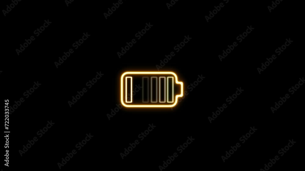 Neon battery fast charging animation, Glowing animated battery icon. Abstract sign of the neon battery charging on the black screen background. Neon battery fast charging animation, Glowing animated battery icon. Abstract sign of the neon battery charging on the black screen background.