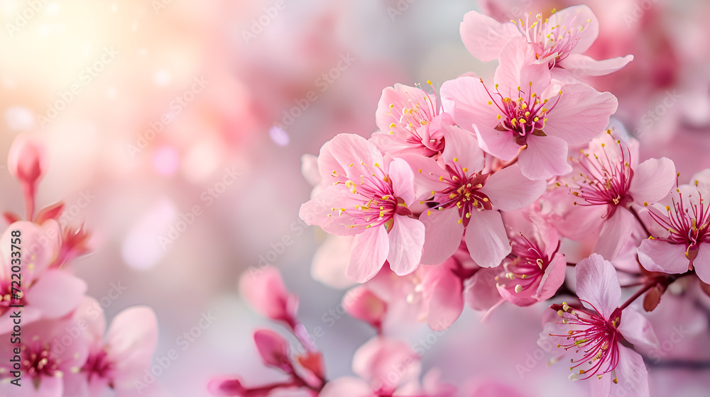 Spring banner with blossoming cherry branches against blue sky and butterflies outdoors. Pink sakura flowers, dreamy romantic spring landscape with copy space, Generative AI

