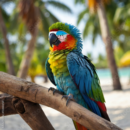 parrot with sunglasses on the sea beach