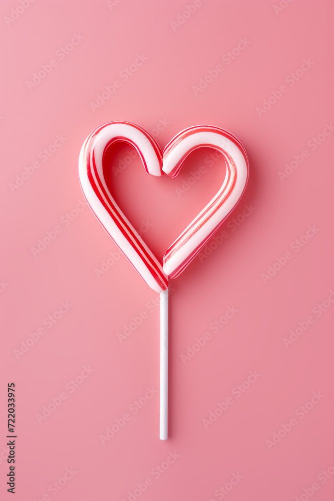 a heart-shaped Christmas candy cane on a soft rose-colored background, minimalist сreated with Generative Ai