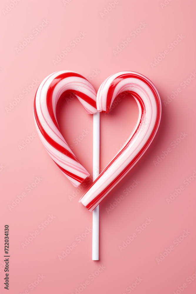 a heart-shaped Christmas candy cane on a soft rose-colored background, minimalist сreated with Generative Ai