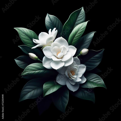 Gardenia isolated on black background. Flowers and plants in spring. AI generated