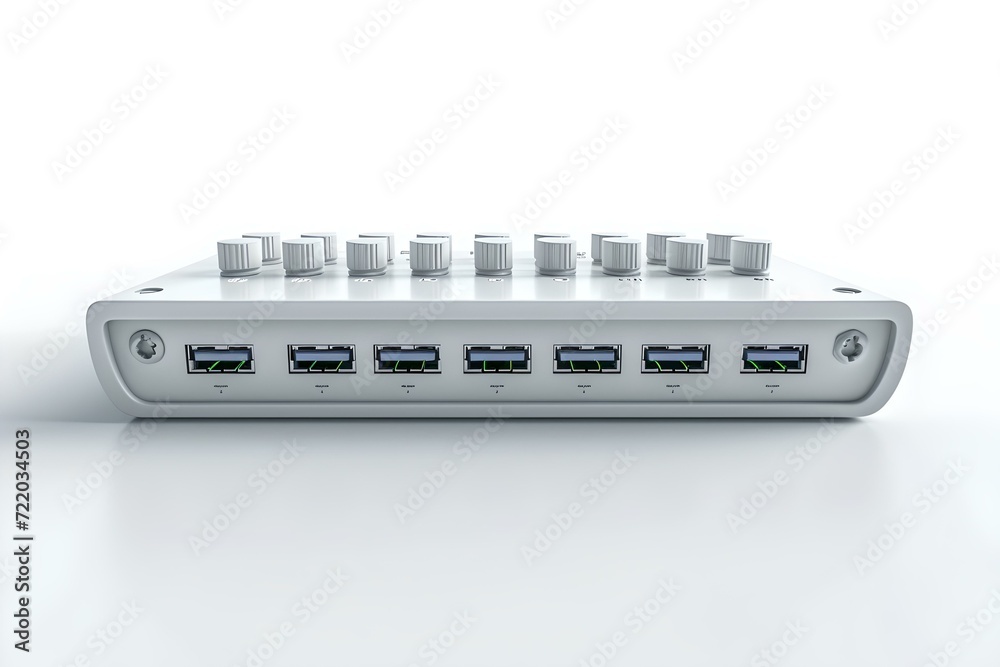 Sleek modern USB hub device isolated on white background. compact data transfer unit. enhances connectivity. AI Sleek modern USB hub device isolated on white background. compact data transfer unit. enhances connectivity. AI