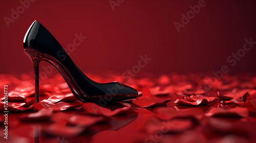 close up of a high heel black shoe with flowers patels background. generative ai  photo