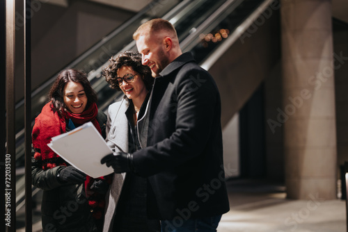 Smiling business professionals reviewing documents outdoors in winter.