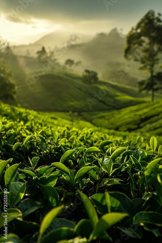 Green tea plantation at sunrise time,nature background
