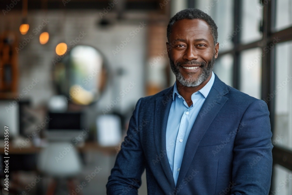 Happy and confident African American businessman with a professional demeanor, exuding success and leadership indoors. Happy and confident African American businessman with a professional demeanor, exuding success and leadership indoors.