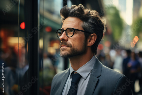 Confident young businessman in stylish suit, urban background, exudes success and professionalism