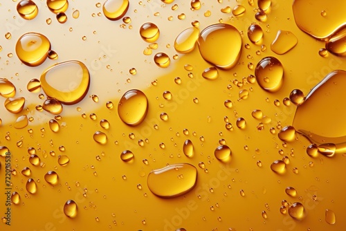 Macro view of a golden liquid with bubbles, creating an abstract pattern with shiny, reflective spheres.