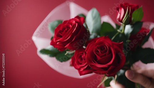 cropped hand holding a bouquet of red roses  isolated red background 