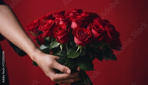 cropped hand holding a bouquet of red roses, isolated red background
 photo