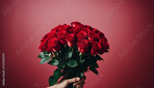 cropped hand holding a bouquet of red roses, isolated red background
 photo