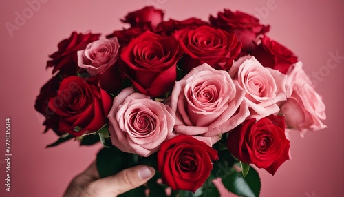 cropped hand holding a bouquet of red roses  isolated red background 