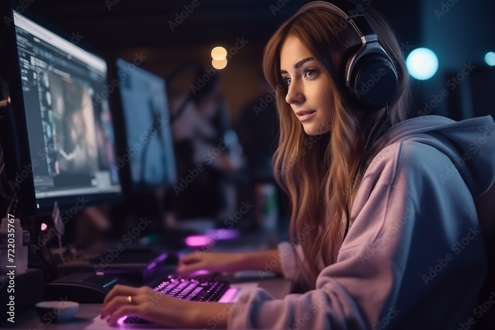 A beautiful young woman works in a video editing studio. Caucasian young woman working on computer from home office. Generative AI A beautiful young woman works in a video editing studio. Caucasian young woman working on computer from home office. Generative AI