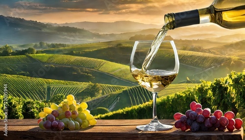 Wine glass with pouring white wine and vineyard landscape in sunny day. Winemaking concept, copy space