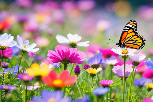 Frühlingswiese mit Schmetterlingen, Blumen und Gräsern im Sommer © Pixelot
