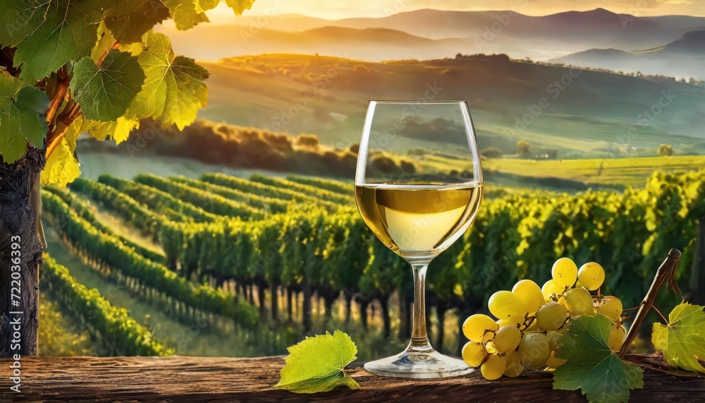 Wine glass with pouring white wine and vineyard landscape in sunny day. Winemaking concept, copy space