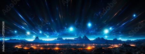 Dark blue sky brightly lit with twinkling stars, featuring mountains surrounded by fiery rings.