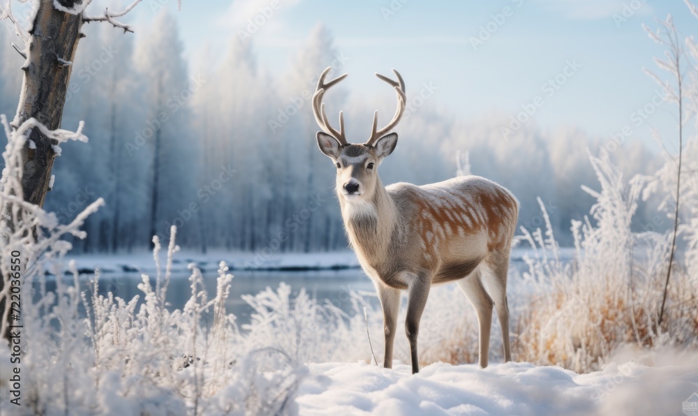 Obraz premium Red deer in a beautiful winter snowy forest