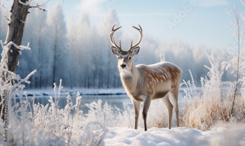 Red deer  in a beautiful winter snowy forest © Jam