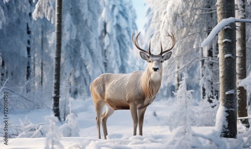Red deer with antlers in a beautiful snowy forest
