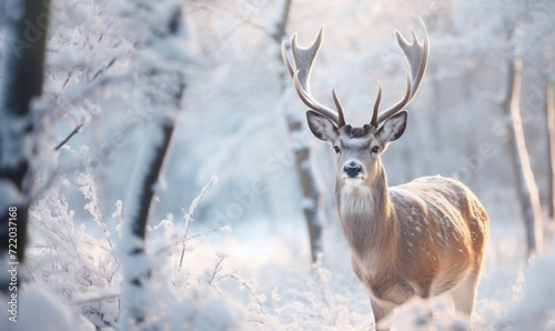 Red deer exuding grace in a snowy tableau © Jam
