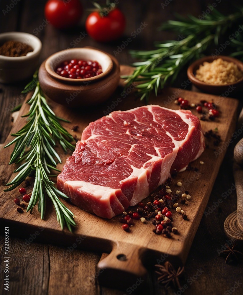 resh raw steak meat on wooden board with rosemary and spice
