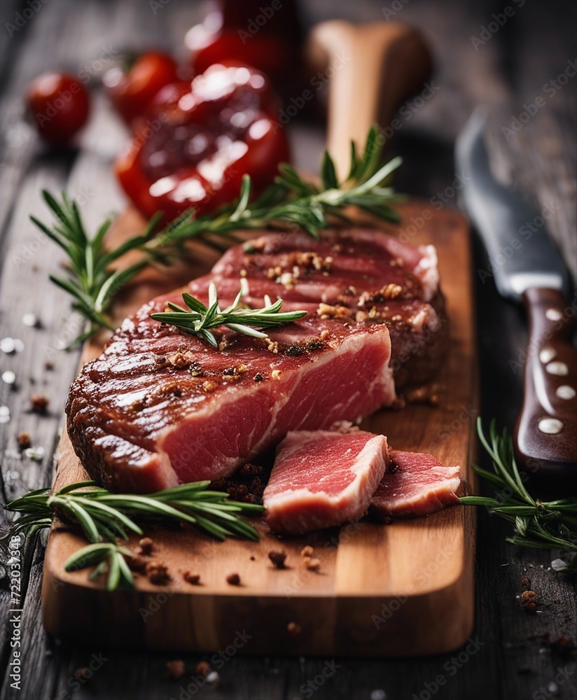 resh raw steak meat on wooden board with rosemary and spice
