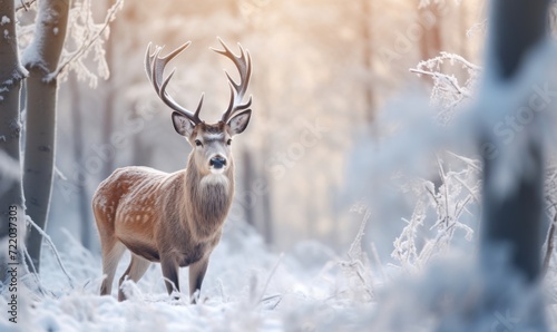 Majestic deer navigating the snow-covered forest © Jam