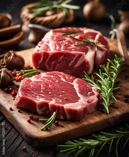 resh raw steak meat on wooden board with rosemary and spice 