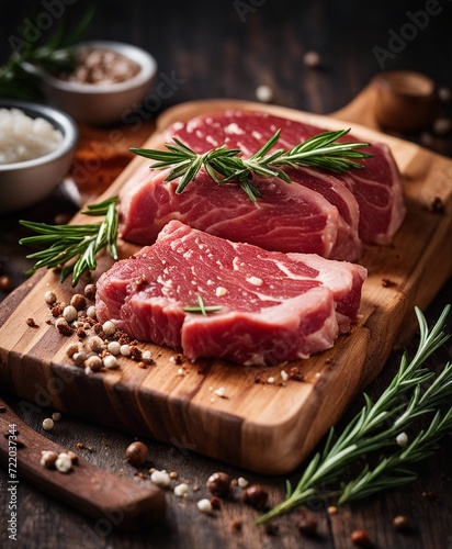 resh raw steak meat on wooden board with rosemary and spice 