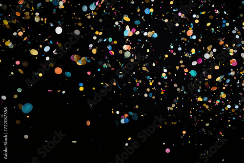 Abstract dark black background full of colorful birthday confetti. Generative AI.
