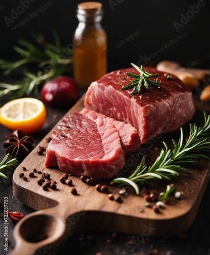 fresh raw steak meat on wooden board with rosemary and spice 