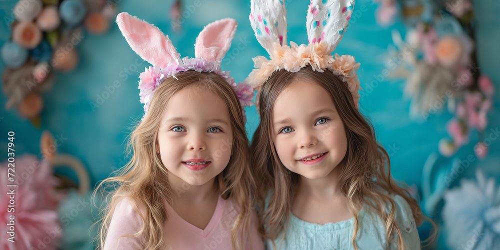 Two young girls dressed in pink, wearing bunny ears and headbands, smiling happily as they show off their adorable toddler style Two young girls dressed in pink, wearing bunny ears and headbands, smiling happily as they show off their adorable toddler style