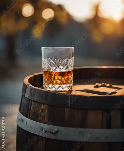 frosted whisky glass on wooden barrel and unbranded, unwritten whisky bottle
 photo