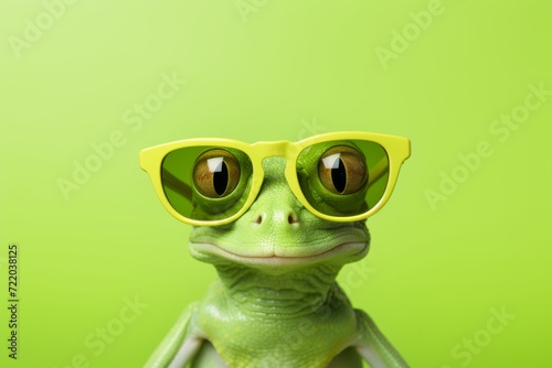 Cute frog in sunglasses on a bright green background