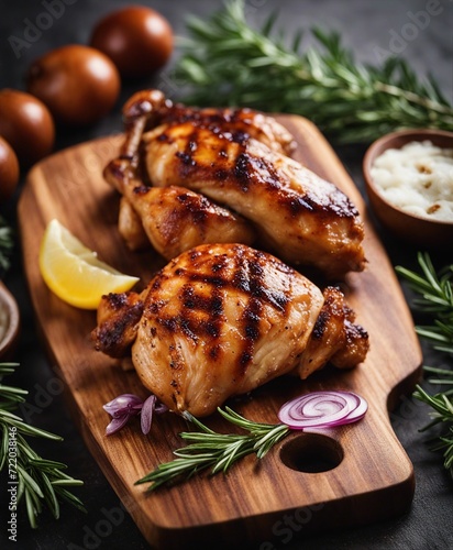 grilled chicken meat on wooden board with rosemary and spice

 photo