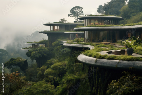 An epic photography of  a modern luxury house covered in the rainforest. Generative AI. © Martin1080