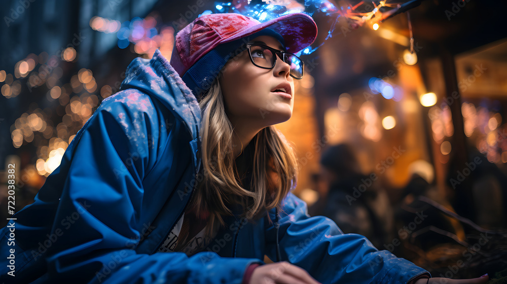 Beautiful Woman Standing on the Night City Street Full of Neon Light. Beautiful Woman Standing on the Night City Street Full of Neon Light.