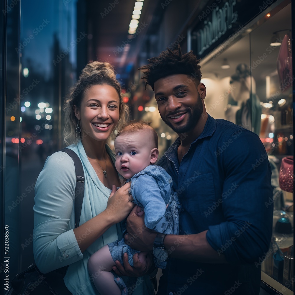Blue Hour Bliss: Interracial Couple Embracing Parenthood, Window Shopping in the City