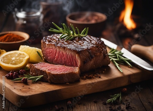 grilled steak meat on wooden board with rosemary and spice
 photo
