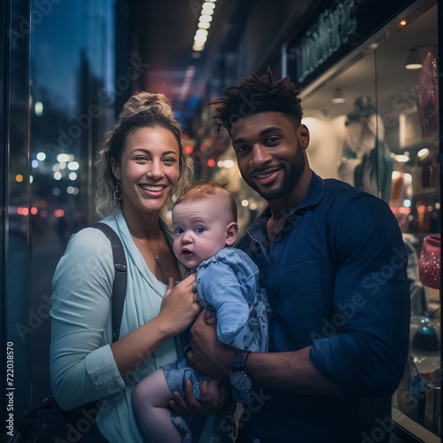 Blue Hour Bliss: Interracial Couple Embracing Parenthood, Window Shopping in the City