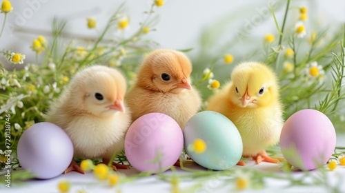 Easter composition with a soft chick stands among speckled Easter eggs nestled in white spring flowers, with a tranquil white backdrop. Easter card with copy space