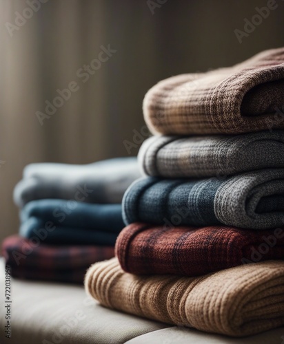 luxurious cashmere-textured plaid scarves, stacked in layers in the background 
 photo